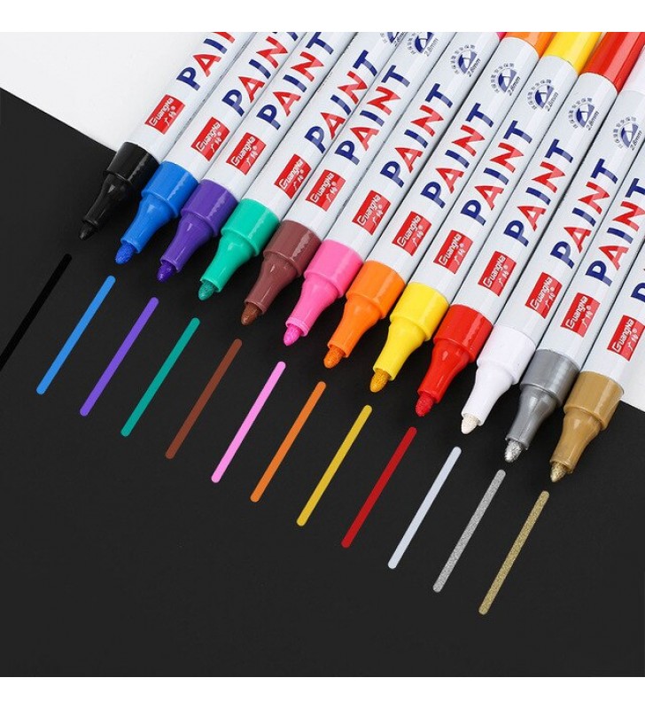 12PCS สี Marker ปากการถล้อยางผิวมันภาพวาด Mark Pen Auto ยางยางขัดโลหะกันน้ำถาวร marker (12PCS)